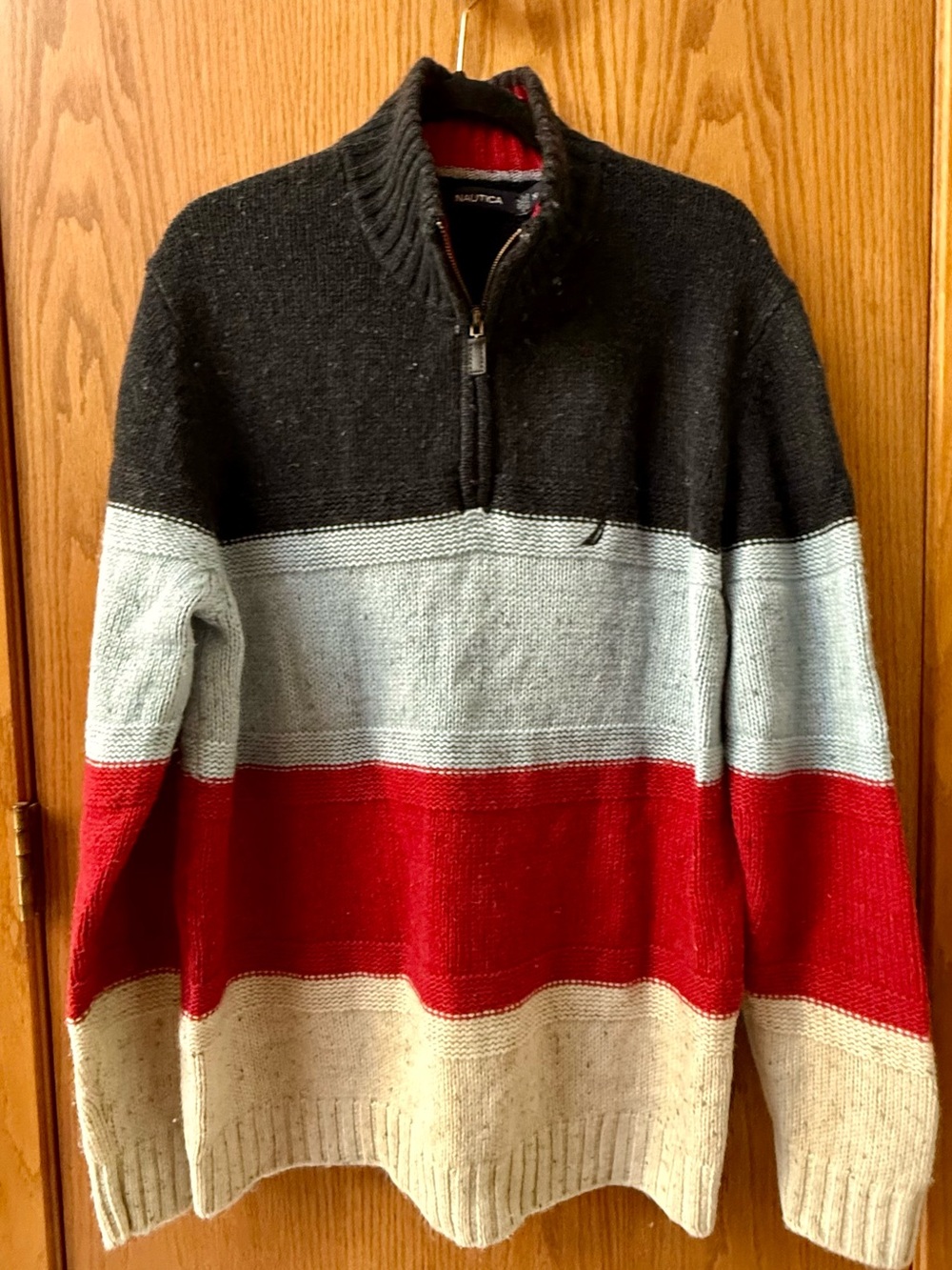 Nautica wool mix men’s Black, Light Gray, Red, Cream Striped Quarter-Zip Sweater